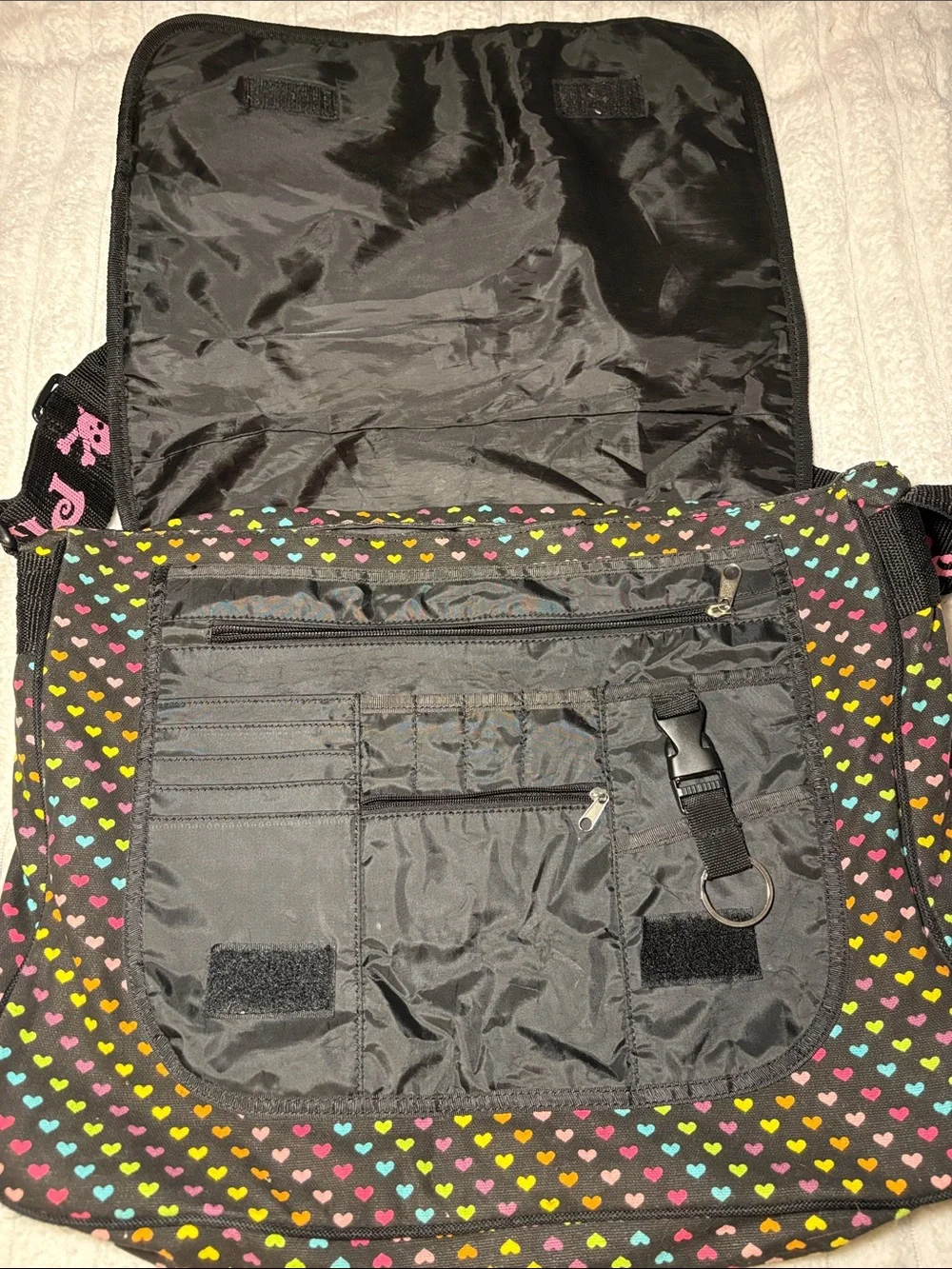 Pink Cookie Black Crossbody Bag with Multicolor Heart Print and Pink Strap